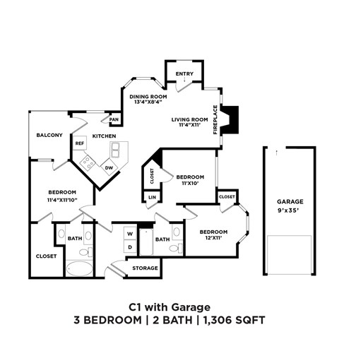 A floor plan of a C1 with Garage that is 1,306 square feet.